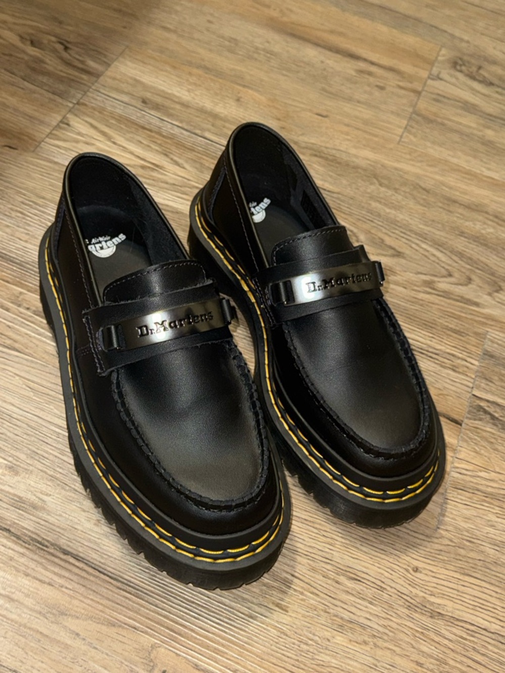 NWOT Dr. Martens Black PLATFORM Leather Penny Loafers with Yellow Welt Stitching